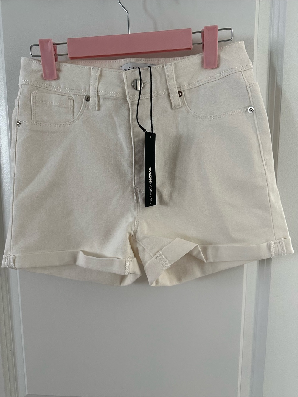 Fashion Nova Cream High-Rise Cuffed Denim Shorts